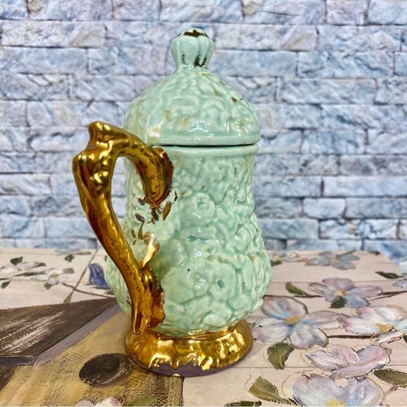 Vintage Glazed Ceramic Sugar Bowl Mint Green Flower Embossed Gold Trim - Picture 6 of 7